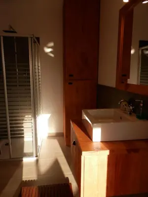 a bathroom with a sink and a shower with a mirror at Au petit Madère in Prazeres