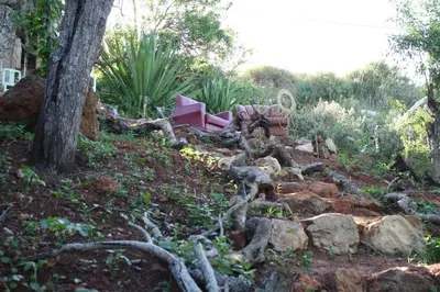 a garden with a couch and some rocks and trees at Hostel on the Hill in Raposeira