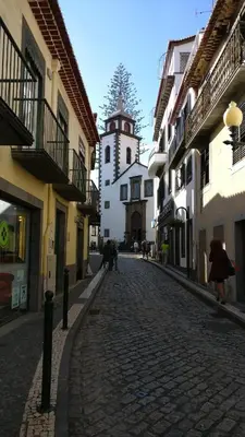 a cobblestone street with a clock tower in a town at Museum House in Funchal