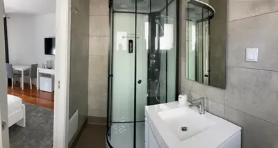 a bathroom with a sink and a glass shower at Museum House in Funchal
