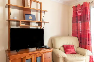 a living room with a chair and a flat screen tv at Apartamento Rodrigues in Funchal