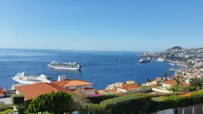 two ships are docked in a large body of water at Charming Apartments in Funchal - São Gonçalo in Funchal