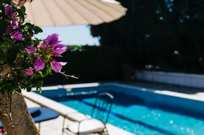 a blue swimming pool with a chair and purple flowers at Great view to sea, villa with pool in Salema