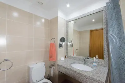 a bathroom with a sink and a toilet and a mirror at Palace II in Funchal