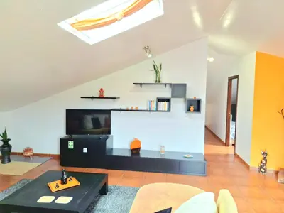 a living room with a couch and a tv at Discovery Apartment in Santana