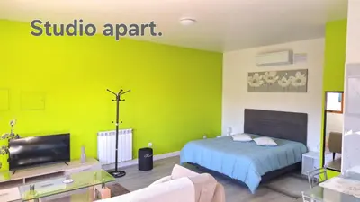 a bedroom with a bed and a green wall at Discovery Apartment in Santana