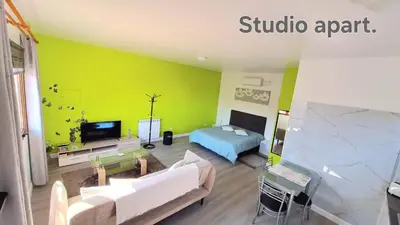 a living room with green walls and a couch and a bed at Discovery Apartment in Santana