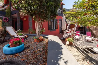 a house with a blue tire with flowers and plants at Casa das Camélias in Arco da Calheta
