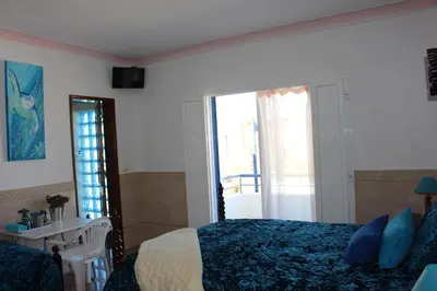 a bedroom with a bed and a large window at Sagres Sunny Room with private bathroom 300m from the beach in Sagres