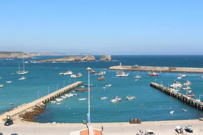 a group of boats in the water near a pier at Sagres Sunny Room with private bathroom 300m from the beach in Sagres