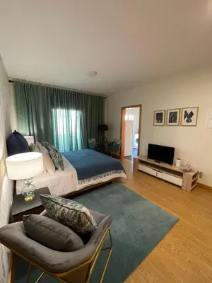 a bedroom with a bed and a couch and a television at Queimada Houses in Funchal