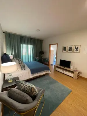 a bedroom with a bed and a couch and a television at Queimada Houses in Funchal