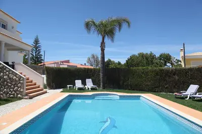 a swimming pool in a yard with a palm tree at Casa Clementina in Lagos