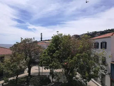 an airplane is flying over a city with trees at Albergaria O Professor in Santa Cruz