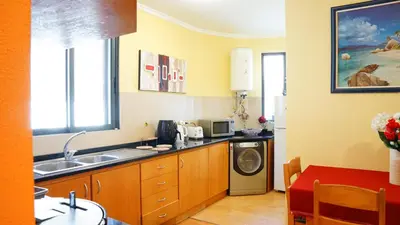 a kitchen with a sink and a washing machine at Apartamento Barros in Estreito de Câmara de Lobos