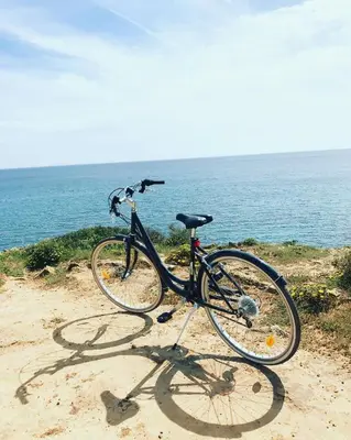 a bike parked on the sand near the ocean at Dona Maria 66 in Luz