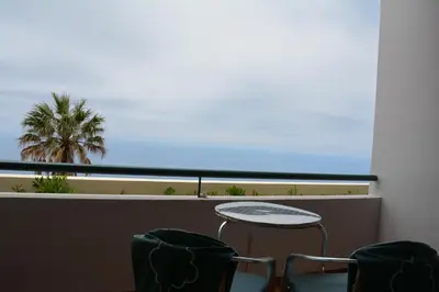 a balcony with a table and chairs and a palm tree at Hotel Jardim Atlantico in Calheta