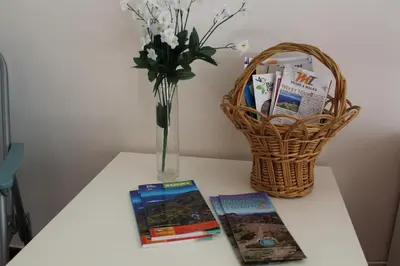 a table with a vase of flowers and a basket of magazines at Refugio Madeira in Caniço