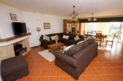 a living room with a couch and a fireplace at Apartamentos Os Descobrimentos in Burgau