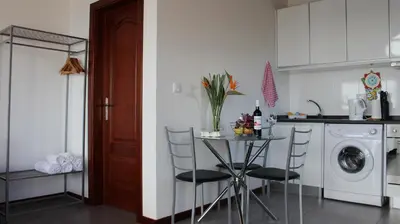 a kitchen with a table and a washing machine at Adega do Avô 2 Madeira in Estreito da Calheta