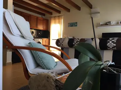 a living room with a chair and a plant at Villa Atlantis in Calheta