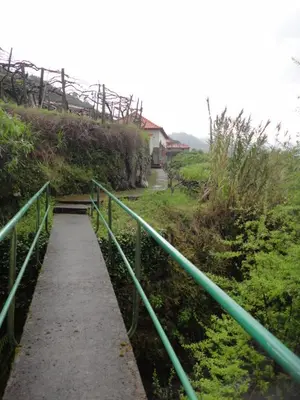 a walkway leading down a hill with a green railing at Casa da Ribeira in São Vicente