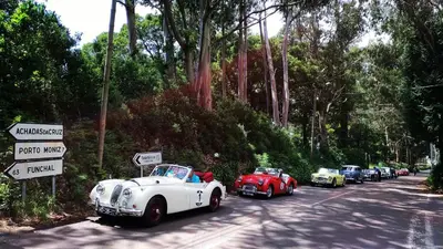 a row of antique cars parked on a street at Ape Esquerdo in São Vicente