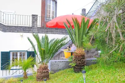 a patio with two palm trees and an umbrella at Casa Nunes in Santana