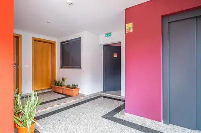 a row of doors in an office building with plants at Green Apartment in Funchal