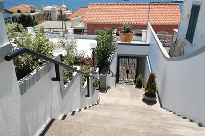 a stairway leading up to a white building with plants at Quinta B. in Funchal