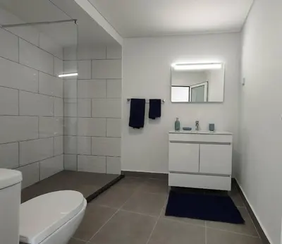 a bathroom with a toilet and a sink and a mirror at Madeira Blue House in Calheta