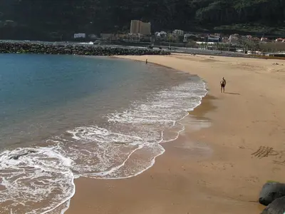 a person walking on a beach next to the ocean at Estacada Apartment in Machico