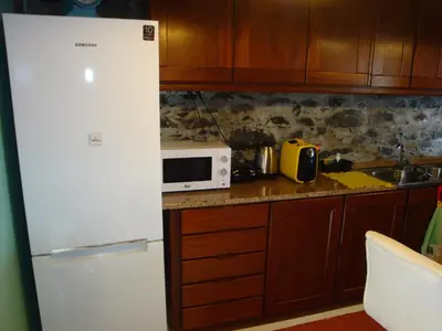 a kitchen with a white refrigerator and a microwave at Vila Vinha in Arco da Calheta