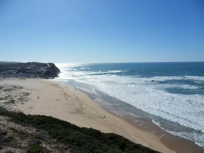 an aerial view of a beach with the ocean at Moradia Vale da Telha in Aljezur