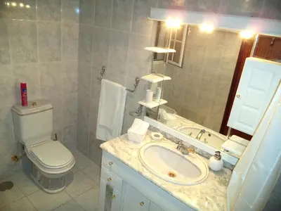 a bathroom with a sink and a toilet and a mirror at Villa Palmeiras in Funchal