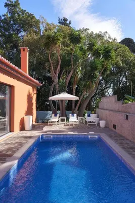 a swimming pool in front of a house with palm trees at Funchal Charming Villa in Funchal
