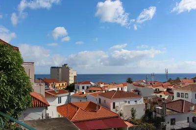 a view of a city with houses and the ocean at Casa dos Caseiros in Santa Cruz