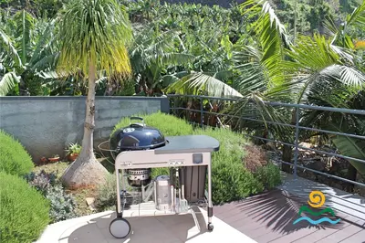 a grill with a pot on top of it next to a palm tree at OurMadeira - The Designhouse in Arco da Calheta
