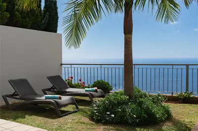 two chairs and a palm tree next to the ocean at OurMadeira - Casa Amaro Mar in Arco da Calheta