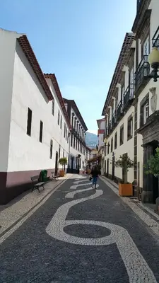 a person walking down a cobblestone street with a design on it at Edificio Charles 301 in Funchal