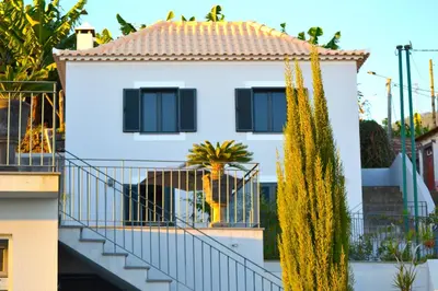 a white house with stairs and a palm tree at Casa do Lado in Ponta do Sol