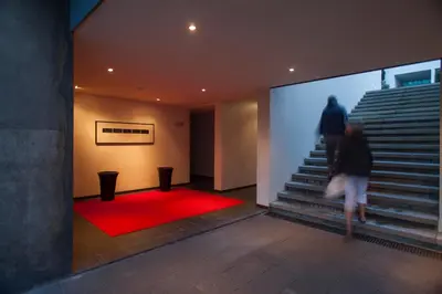 a woman walking down the stairs with a red carpet at Estalagem Da Ponta Do Sol in Ponta do Sol