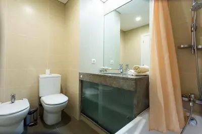 a bathroom with a toilet and a sink and a shower at Elena's Apartment - Nice sea views in Panasqueira