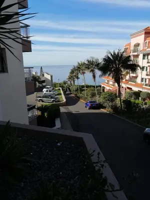 a street with buildings and palm trees and the ocean at Shearwaters - Sounds of the sea in Funchal