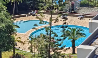 an overhead view of a swimming pool with palm trees at Shearwaters - Sounds of the sea in Funchal