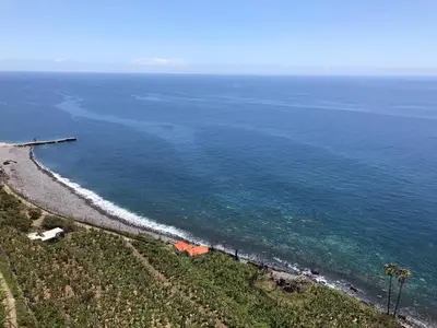 an aerial view of a beach with the ocean at Faja dos Padres in Ribeira Brava