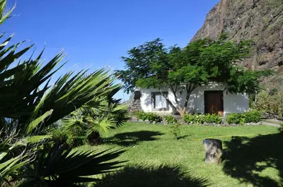 a house with a tree in front of a mountain at Faja dos Padres in Ribeira Brava