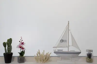 a toy sailboat sitting on a shelf with plants at Rochinha Cozy Home in Funchal