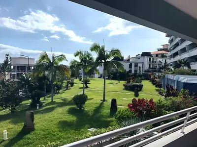 a view from a balcony of a yard with palm trees at Your Home In Madeira III in Funchal