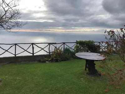 a bench sitting in the grass near the water at CASA DOS FALCÕES casa rural de construção tradicional in Fajã da Ovelha